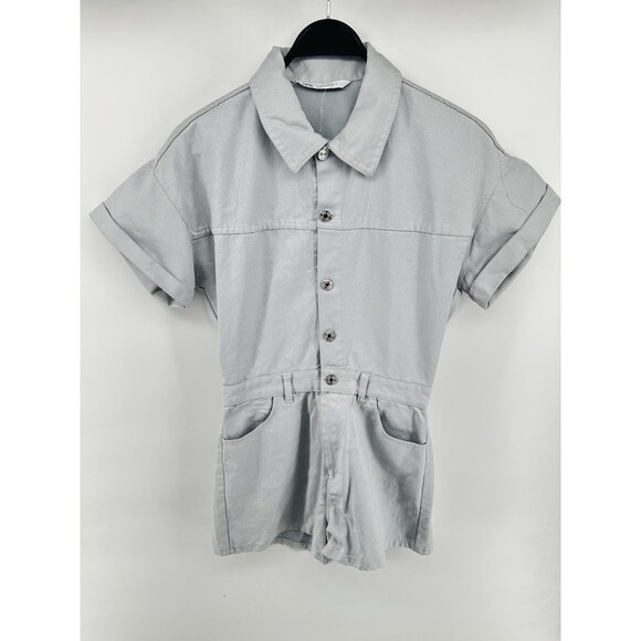 Zara Short Romper Womens SMALL Gray Denim Shimmer Metallic Short Sleeve NEW - Picture 1 of 5